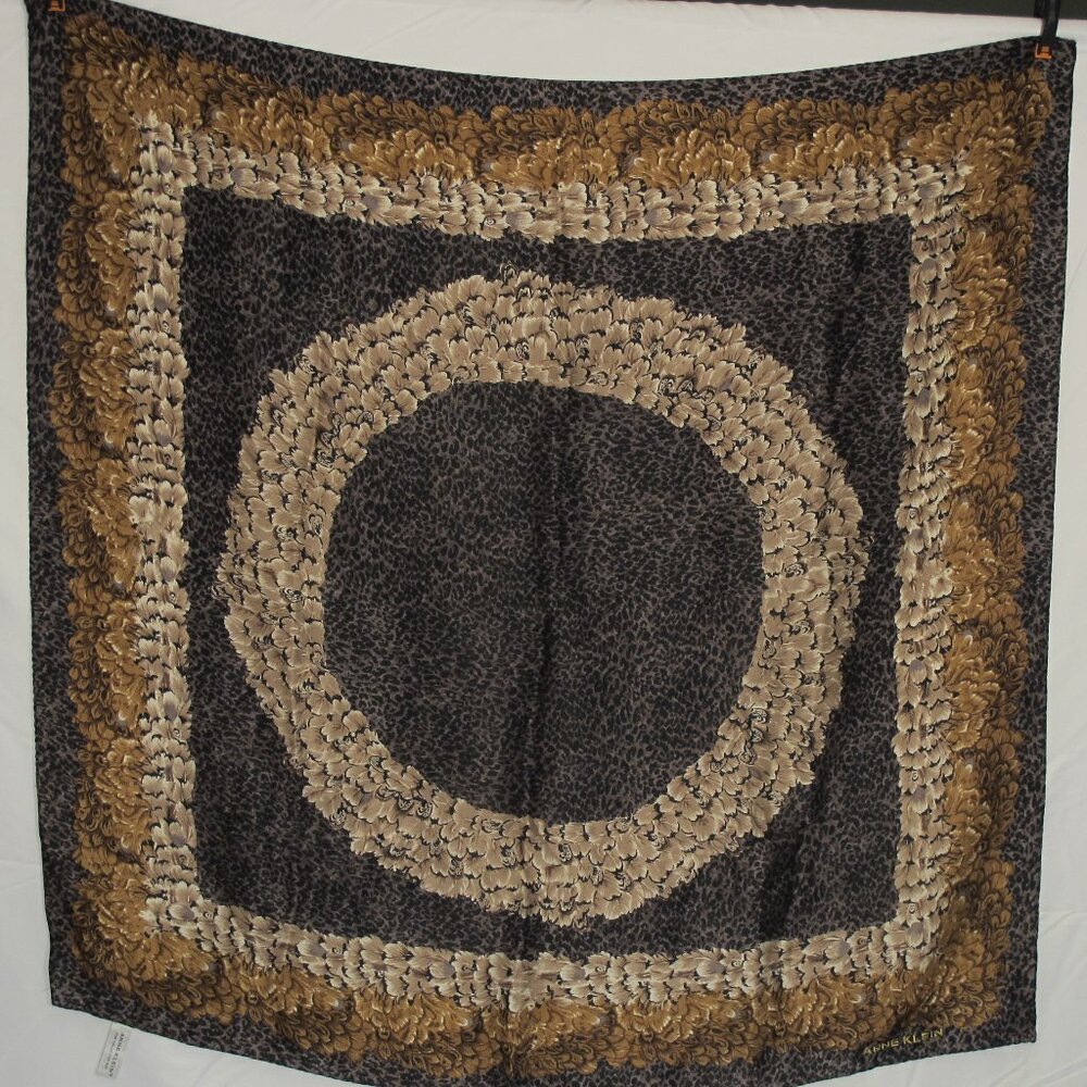 Anne Klein black silk square scarf with leopard print background